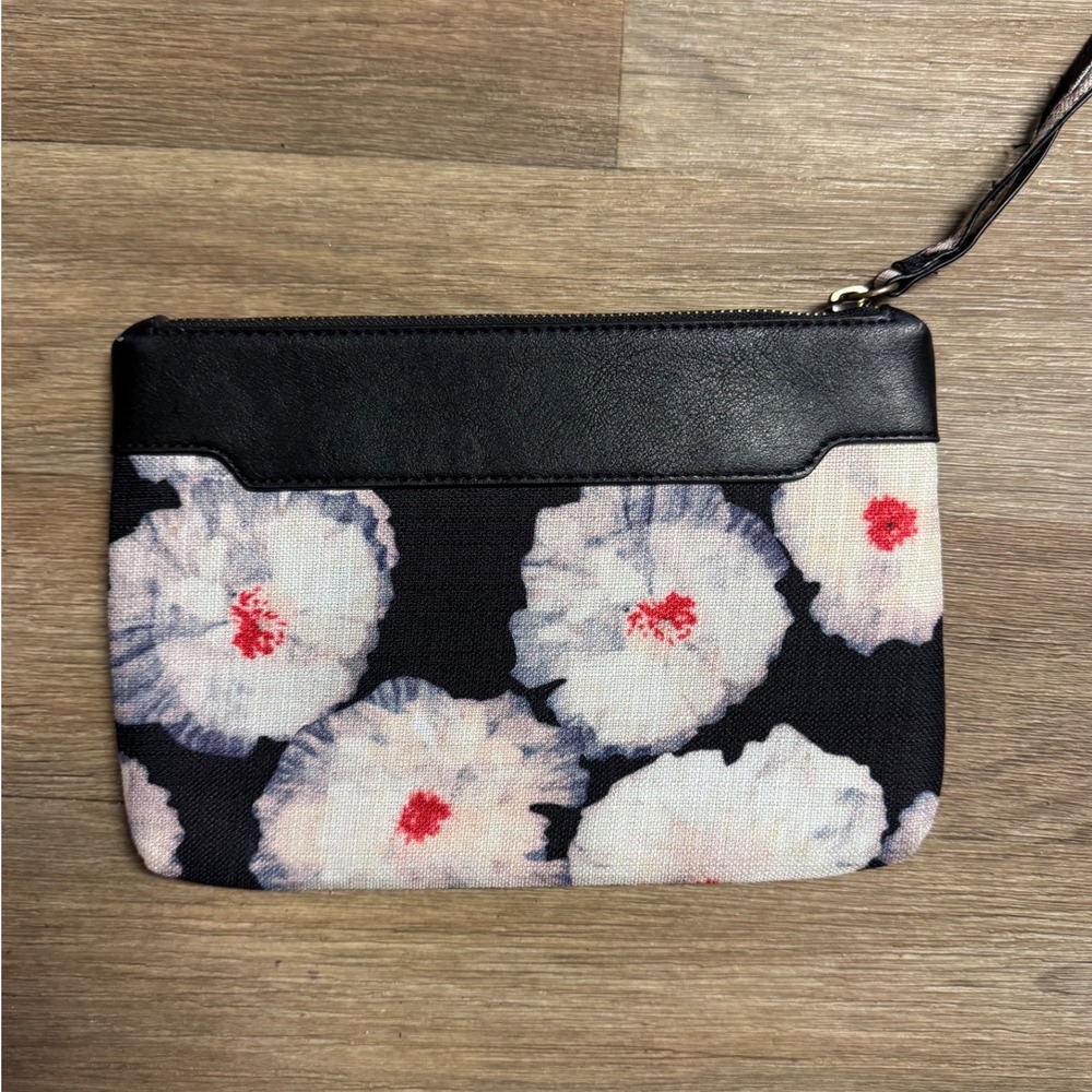 Miss Albright Anthropologie Floral Wristlet Clutch Black Leather Trim Red Lining